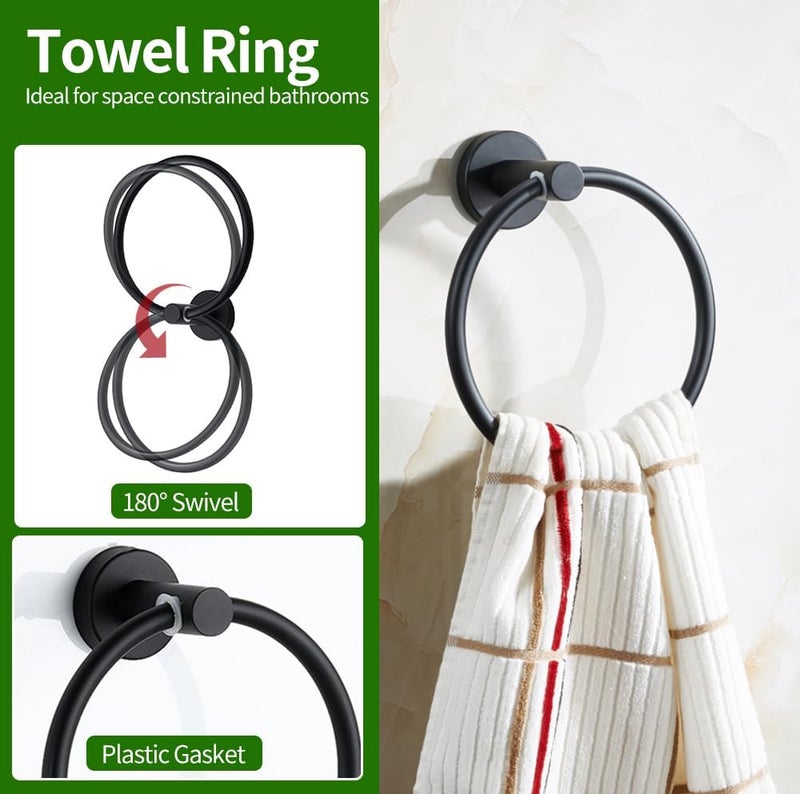 Ruby Q 5pcs Bathroom Hardware Set, Matte Black Bathroom Hardware Set, Including 16" Hand Towel Bars, Toilet Paper Holders, Towel Rings, Robe Towel Hooks - Image 3